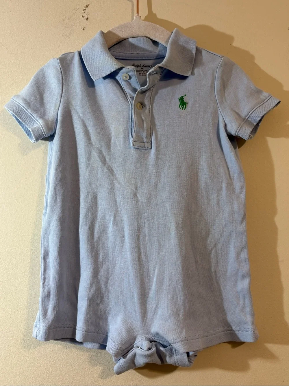 Ralph Lauren shortall boys 9 month Light Blue Polo One piece Green Pony romper